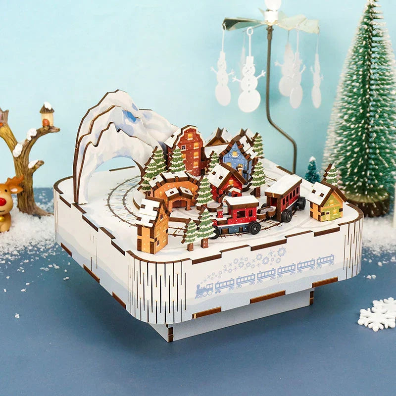 DIY Wooden Christmas House Train Music Box - Mycutebee