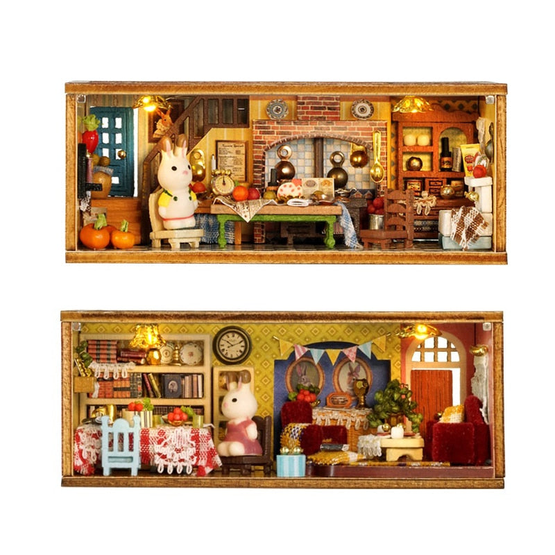 two pictures of a doll house with furniture and decorations