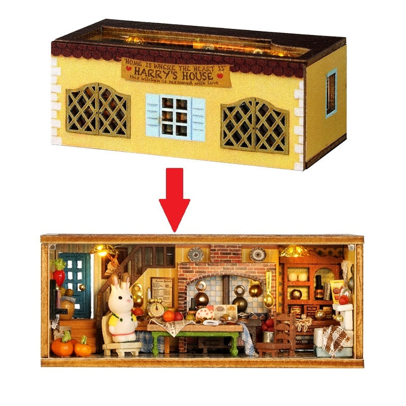 a toy house with a doll inside of it