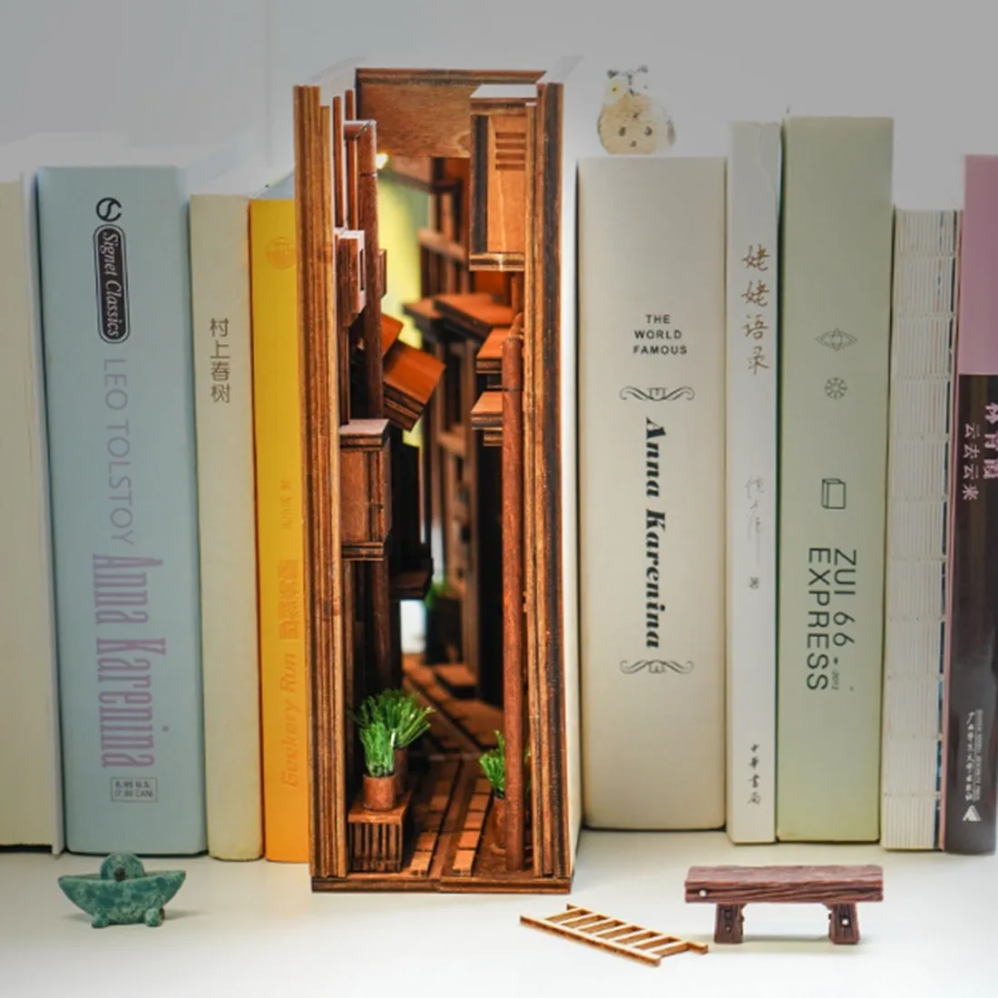 Wooden Book Nook Insert Decor Ancient Streets Retro Bookshelf Model  Creative Kit