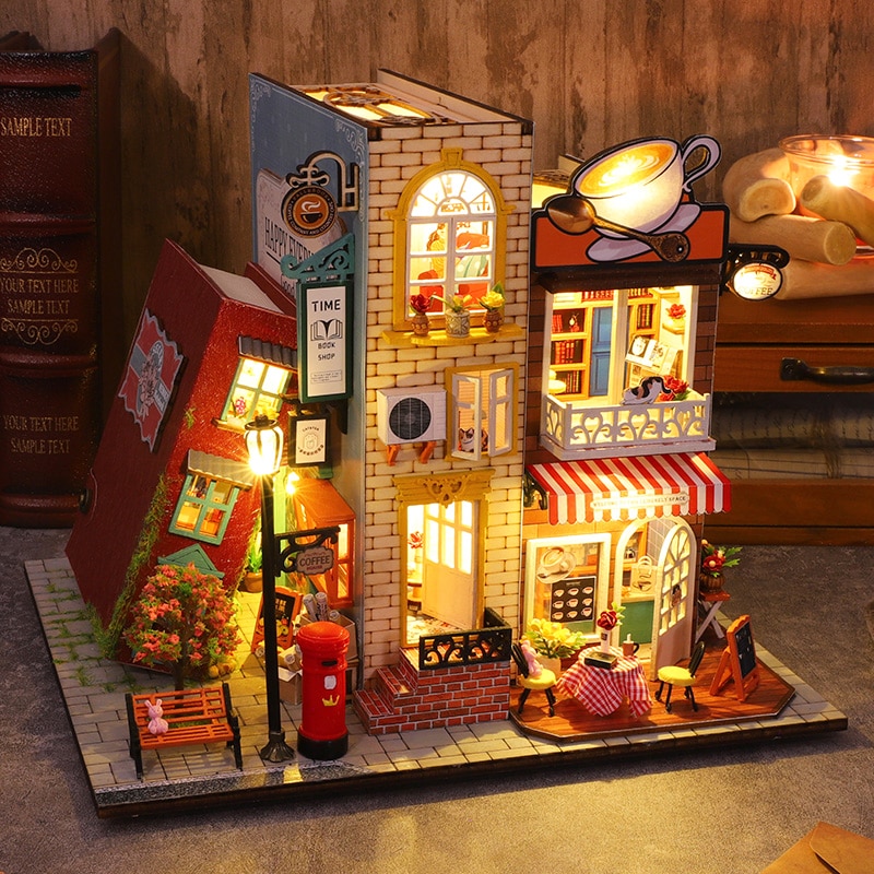 ROBOTIME DIY Miniature Dollhouse Kit Mini Cafe House with LED Light Model  Making Miniature Woodcraft Dollhouse Puzzle Challenge Gift Set