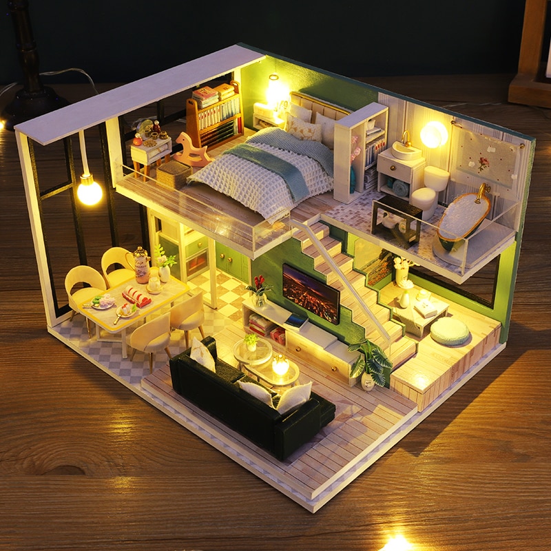 Cutebee DIY Dollhouse Kit Apartment Loft Wooden Miniature Doll Houses With  Furniture LED Lights for Children Birthday Gift