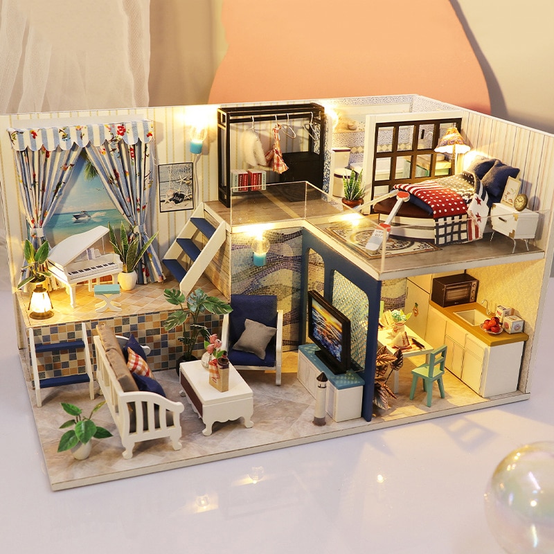 Beach Villa DIY Doll House Miniature Furniture Model Wooden Dollhouse With  LED Light