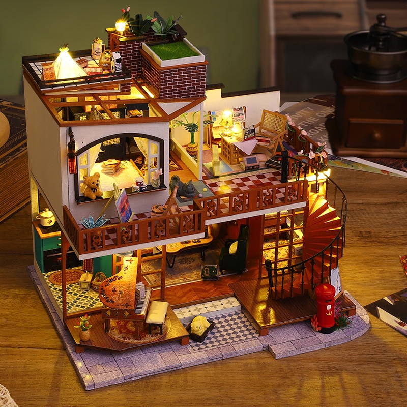Casa de bonecas miniatura com móveis brinquedos, loja de chá vintage, villa  de dois andares, kit DIY Doll House