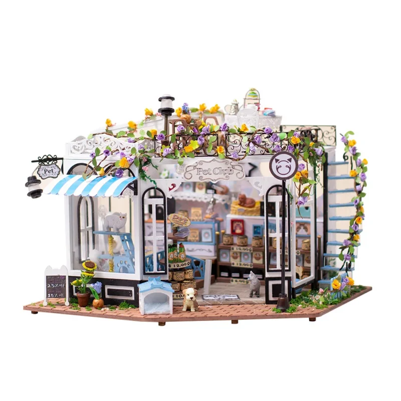 8KMMDIY Wooden Doll House Pet Shop Casa Miniature Building Kits Dollhouse With Furniture LED Light Villa