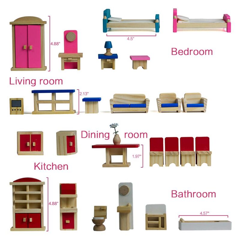 35-Piece 1:12 Wooden Dollhouse Furniture Set