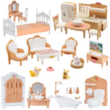 36Pcs Dollhouse Furniture Set,Miniature 1:12 Scale Dolls House Accessories with Cat,Dog,Kitchen, Dining Room, Living Room,Bedroom for Playhouse Toy(Beige)