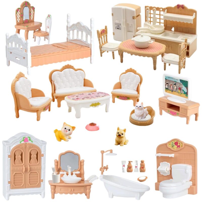 36Pcs Dollhouse Furniture Set,Miniature 1:12 Scale Dolls House Accessories with Cat,Dog,Kitchen, Dining Room, Living Room,Bedroom for Playhouse Toy(Beige)