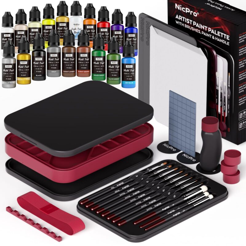 Nicpro All-In-One Miniature Painting Kit, Including 18 Colors Model Paint, Wet Palette, 11PCS Detail Paint Brushes Drybrush, Magnetic Painting Handle, 2PCS Sponges, 50PCS Pallet Paper and Brush Holder