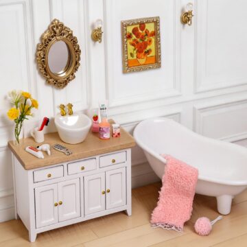 DIYDEC 1:12 Scale Dollhouse Bathroom Set 20pcs Miniature Furniture Accessories with Doll Bathroom Washbasin Cabinet Ceramic Bathtub Mirror Comb for Dollhouse Miniatures Play Figurines Decor