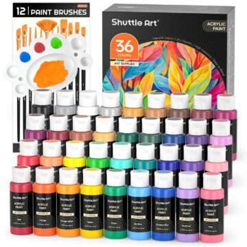 Shuttle Art Acrylic Paint, 36 Colors Acrylic Paint Set with Brushes & Palette, 2oz/60ml Bottles, Rich Pigments Non-toxic for Artists Kids & Adults, Painting on Canvas Rocks Ceramic Wood