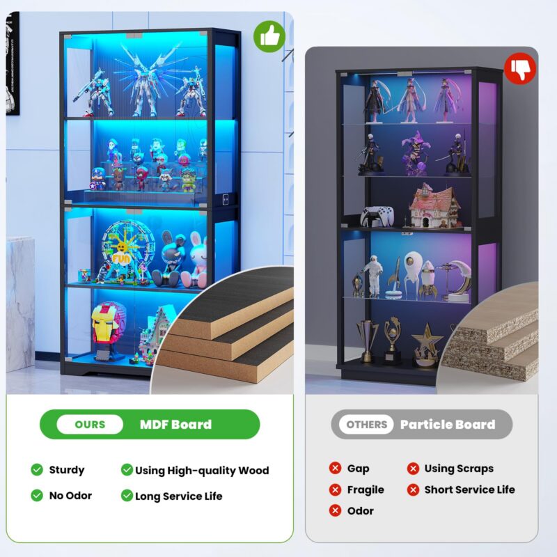 4-Tier Glass Display Cabinet with LED Lights (Black)