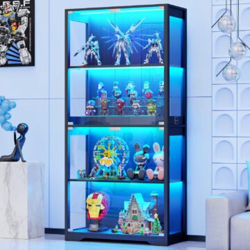BROTTAR Display Cabinet with Glass Doors, 4-Tier Curio Cabinet with 3 Color Lights for Collectibles, Glass Display Case with Human Body Sensor, Bookcase with 4 Shelves, Storage Cabinets, Black