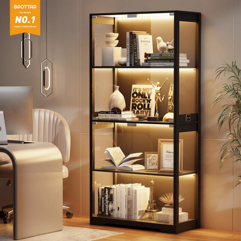 4-Tier Glass Display Cabinet with LED Lights (Black)