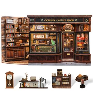 CUTEBEE Book Nook Kit - DIY Miniature House Coffee Shop Dollhouse Kit for Adults, Booknook Tiny House Bookshelf Decor 3D Wooden Puzzle, Gifts for Family, Friends (Corner Coffee Shop)