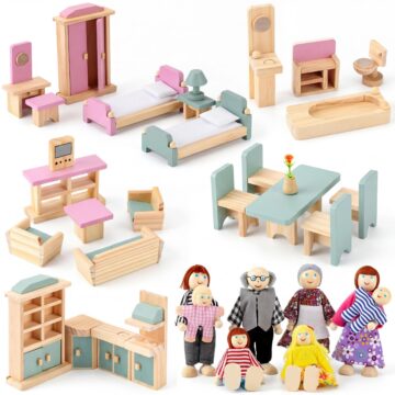 Sumind 35 Pcs Wooden Dollhouse Furniture Set with 8 Family Figures, 1:12 Scale Miniature Dolls House Accessories for Kitchen, Bedroom & Bathroom, Montessori Educational Toy Gift for Girls and Boys