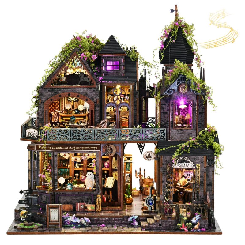 DIY Miniature House Kit, Dollhouse Magic City Gothic Witch House for Adults to Build, Birthday/Christmas Day Gift for Family and Friends, Prefab Tiny Home with LED Lights,Magic Castle