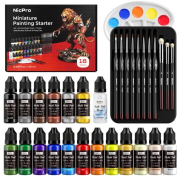 Nicpro All-In-One Miniature Painting Kit, Starter Paint Set with 18 Colors Model Paint & Thinner(20ml), Palette, 11 Detail Paint Brushes Drybrush, Miniature Paint Set for Models, Scale Figures, Crafts