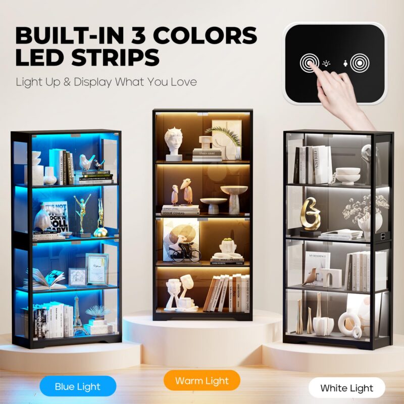 4-Tier Glass Display Cabinet with LED Lights (Black)