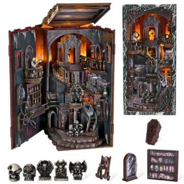 MiniCity Book Nook Kit with LED Light, DIY Miniature Dollhouse Booknook Kit, Creepy Scary 3D Wooden Puzzle Bookshelf Insert Decor for Stress Relief Craft for Book Lovers & Adult (Haunting Relics)