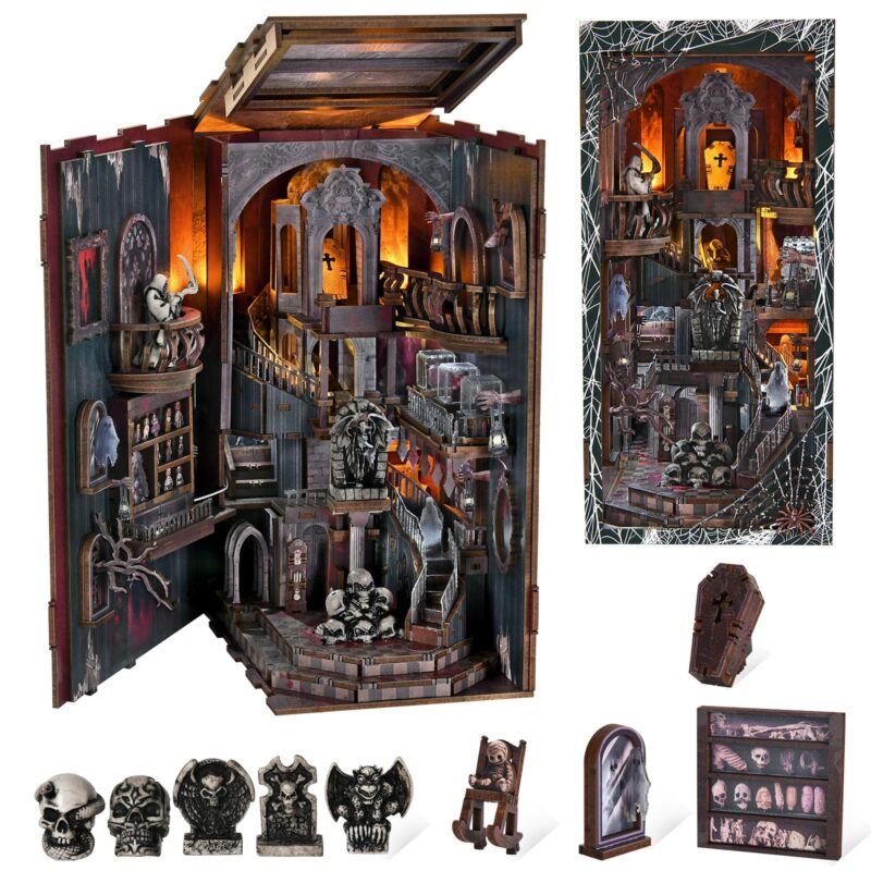 MiniCity Book Nook Kit with LED Light, DIY Miniature Dollhouse Booknook Kit, Creepy Scary 3D Wooden Puzzle Bookshelf Insert Decor for Stress Relief Craft for Book Lovers & Adult (Haunting Relics)
