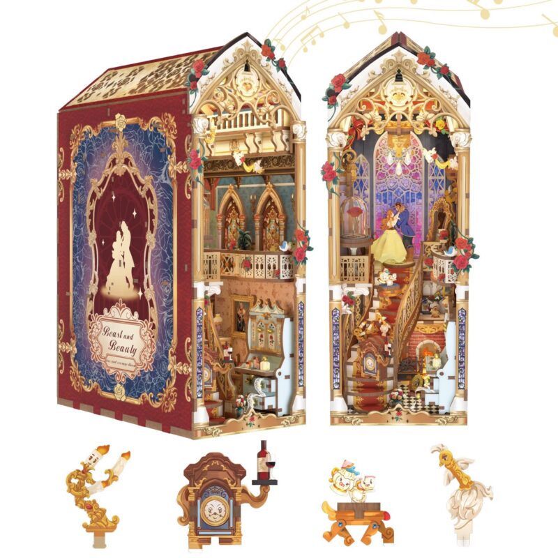 Tonecheer DIY Book Nook Kit for Adults, 3D Wooden Puzzle Music Booknook Miniature Dollhouse, Fairy Tale Bookend Bookshelf Decor with Dust Cover and LED Lights Gifts (Beast and Beauty)