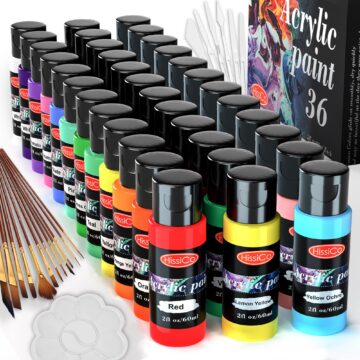 55PCS Acrylic Paint Set of 36 Colors 2fl oz 60ml Bottles 12 Brushes,Non Toxic 36 Colors Acrylic Paint No Fading Rich Pigment for Kids Adults Artists Canvas Crafts Wood Painting