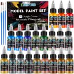 X ARTY HUB Model Paint Set - 20 Colors with 3 Brushes, Miniature Paints (Base/Skin Tones/Shadows/Metallics) for Airbrushing & Hand Painting, Acrylic Paint for Models, Miniatures & Wargaming Props