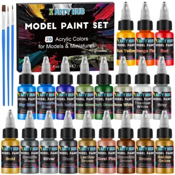 X ARTY HUB Model Paint Set - 20 Colors with 3 Brushes, Miniature Paints (Base/Skin Tones/Shadows/Metallics) for Airbrushing & Hand Painting, Acrylic Paint for Models, Miniatures & Wargaming Props
