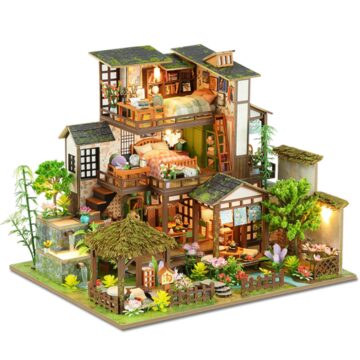 ISSEVE DIY Miniature House Kit, Tiny House Dollhouse Kit for Adults, Mini House Building Kits, Miniature Kit Adult Craft Diorama Kit Home Bookshelf Decoration, Birthday Gifts (Bamboo Spring Courtyard)