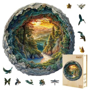 Jollitot 300 Pieces Wooden Puzzles, 3D Cave Forest Puzzle, Unique Animal Shaped Wood Challenging Jigsaw Puzzles Ideal for Adults, Premium Wood Gift Box 13.4x13.3in