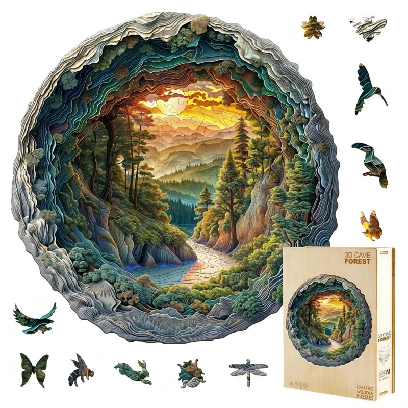 Jollitot 300 Pieces Wooden Puzzles, 3D Cave Forest Puzzle, Unique Animal Shaped Wood Challenging Jigsaw Puzzles Ideal for Adults, Premium Wood Gift Box 13.4x13.3in