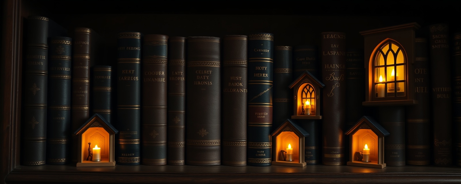 Row of glowing miniature DIY book nook dioramas on a dark bookshelf