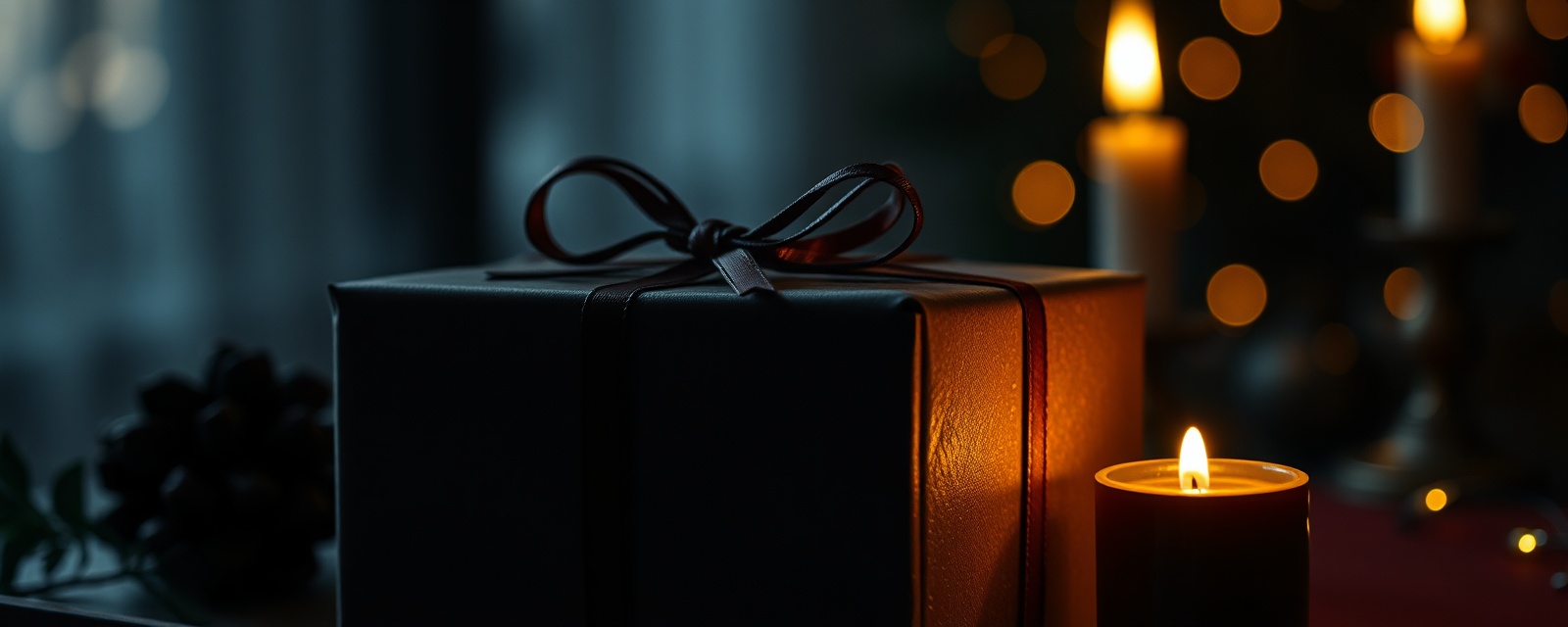 A wrapped gift box with a glowing miniature book nook kit peeking out