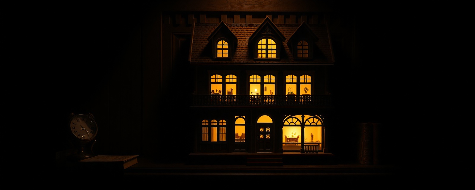 A warm lit miniature dollhouse with glowing windows on a dark shelf
