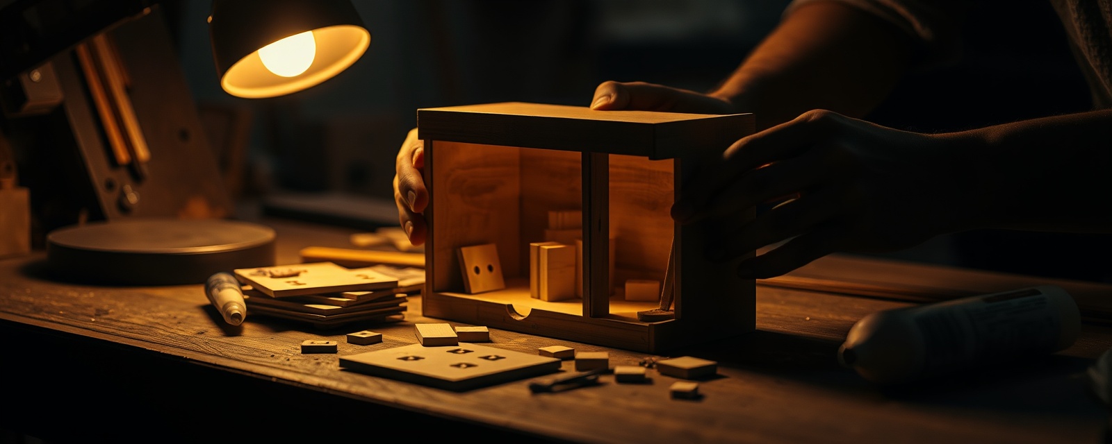 Hands assembling a wooden DIY book nook kit on a workbench