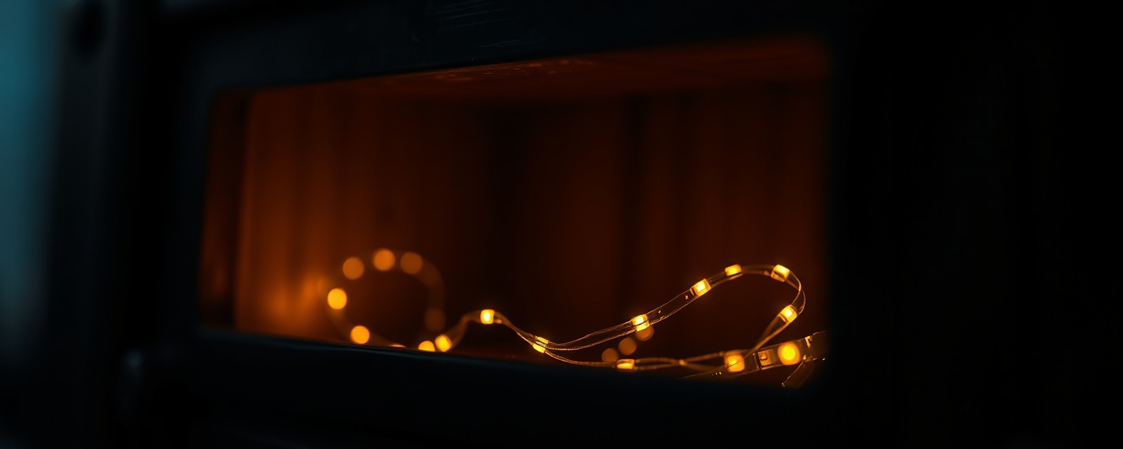 Warm amber LED strip glowing inside a miniature book nook window