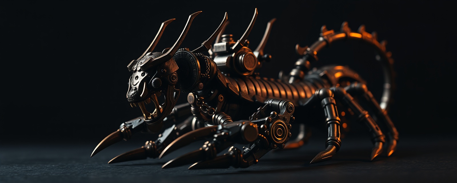 An intricate steampunk 3D metal model kit under dramatic lighting
