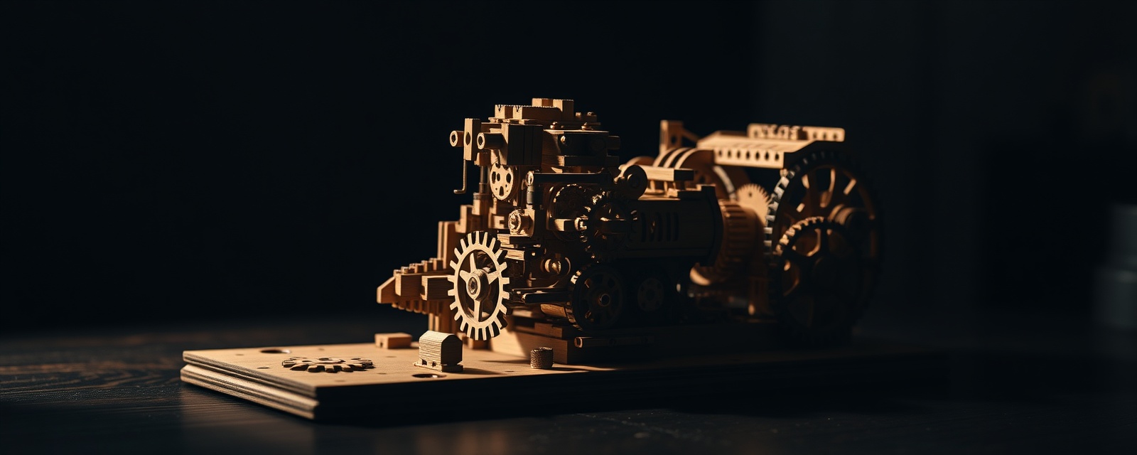 An intricate mechanical 3D wooden puzzle with visible gears