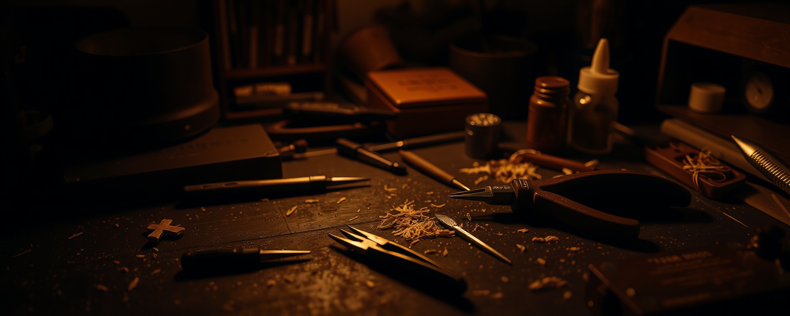 A modelers workbench with precision tools and glue laid out
