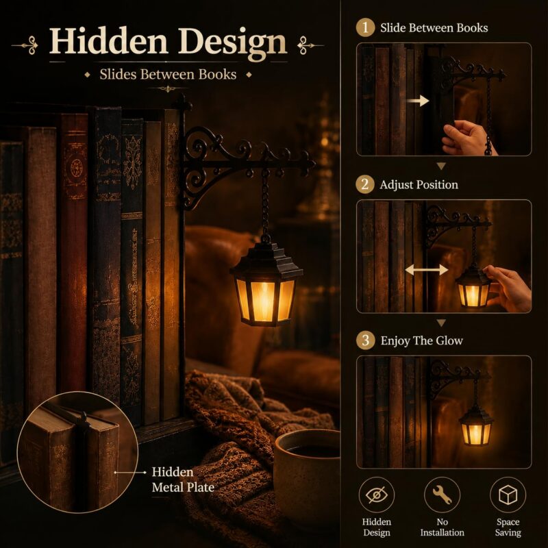 Library Lantern Bookshelf Lamp, Warm Amber LED