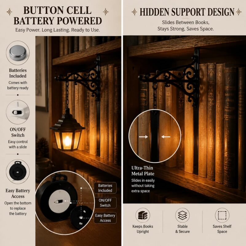 Library Lantern Bookshelf Lamp, Warm Amber LED