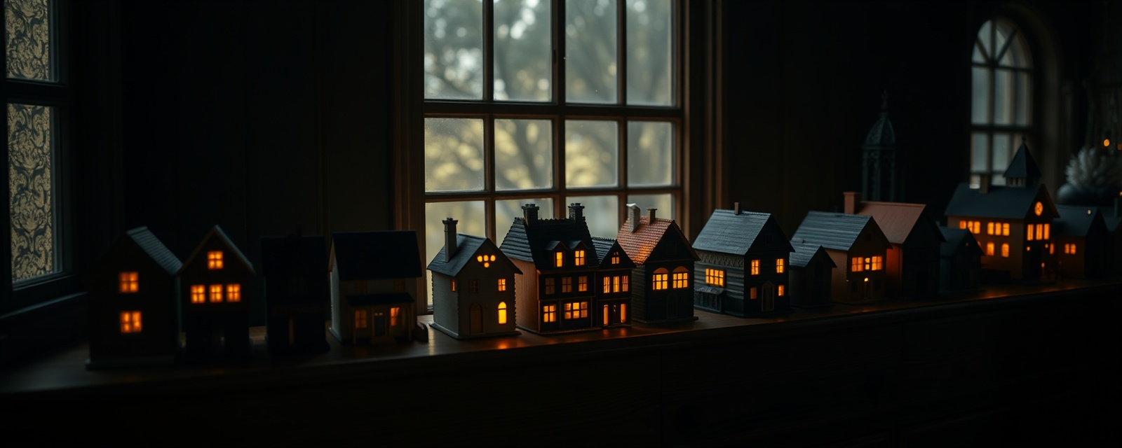 A row of glowing miniature houses of varying styles on a shelf