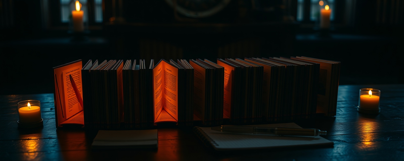 A lineup of open glowing miniature book nook kits on a table