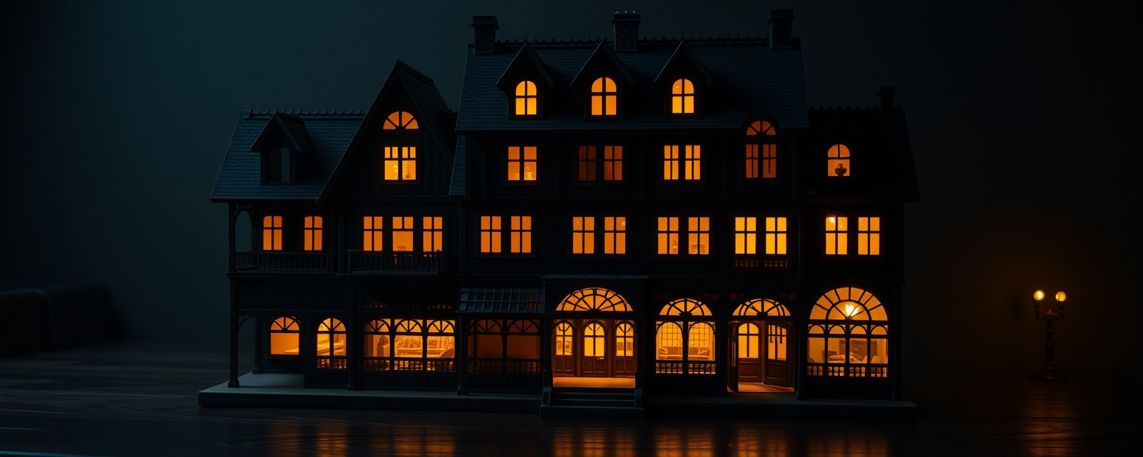 A large detailed lit miniature dollhouse with many rooms