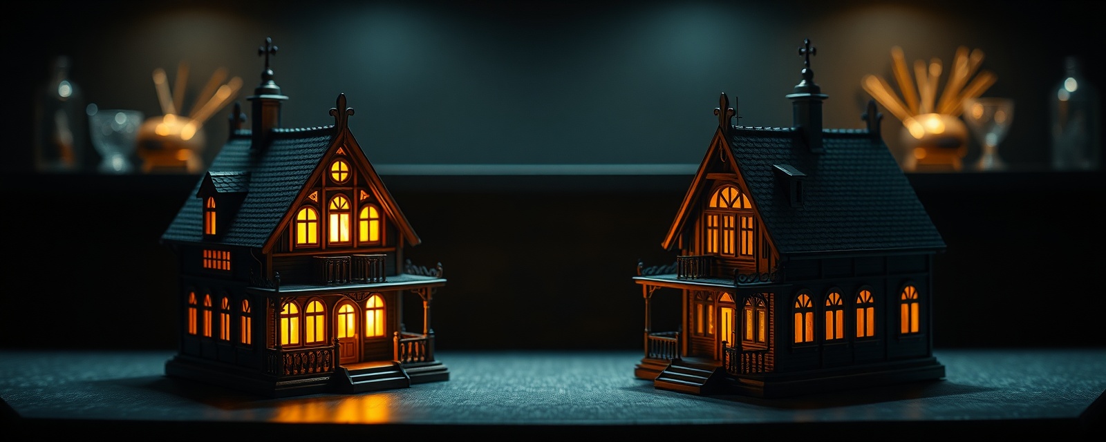 Two contrasting glowing miniature houses compared side by side