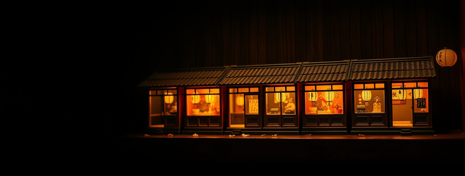 Row of glowing miniature Japanese shopfront dioramas on a dark shelf