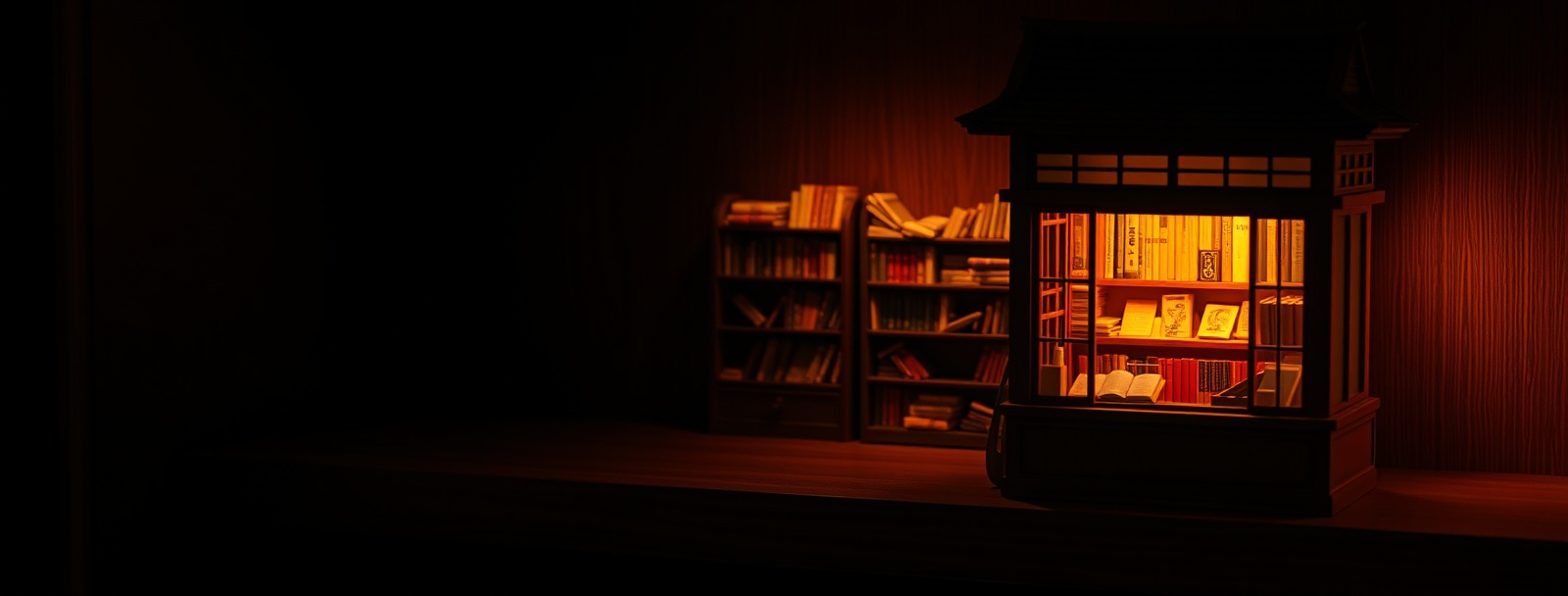 Miniature Japanese antique bookshop diorama glowing warmly on a dark shelf