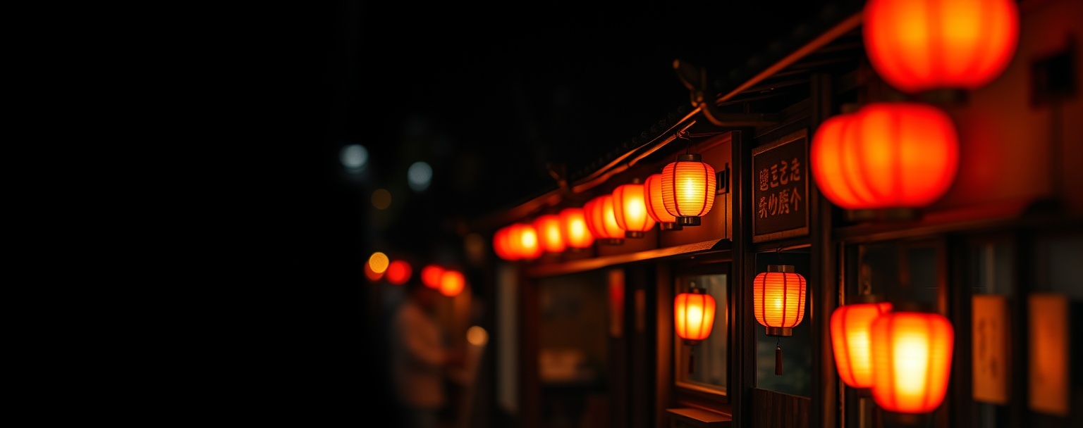 Miniature Japanese izakaya alley with glowing paper lanterns