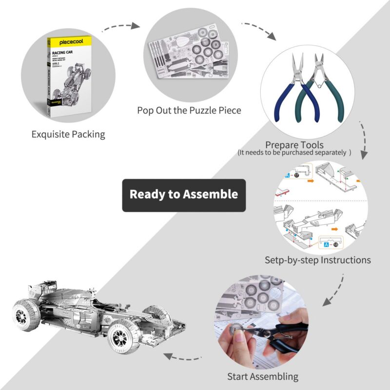 Piececool Silver Formula Car 3D Metal Model Kit (69 Pcs)